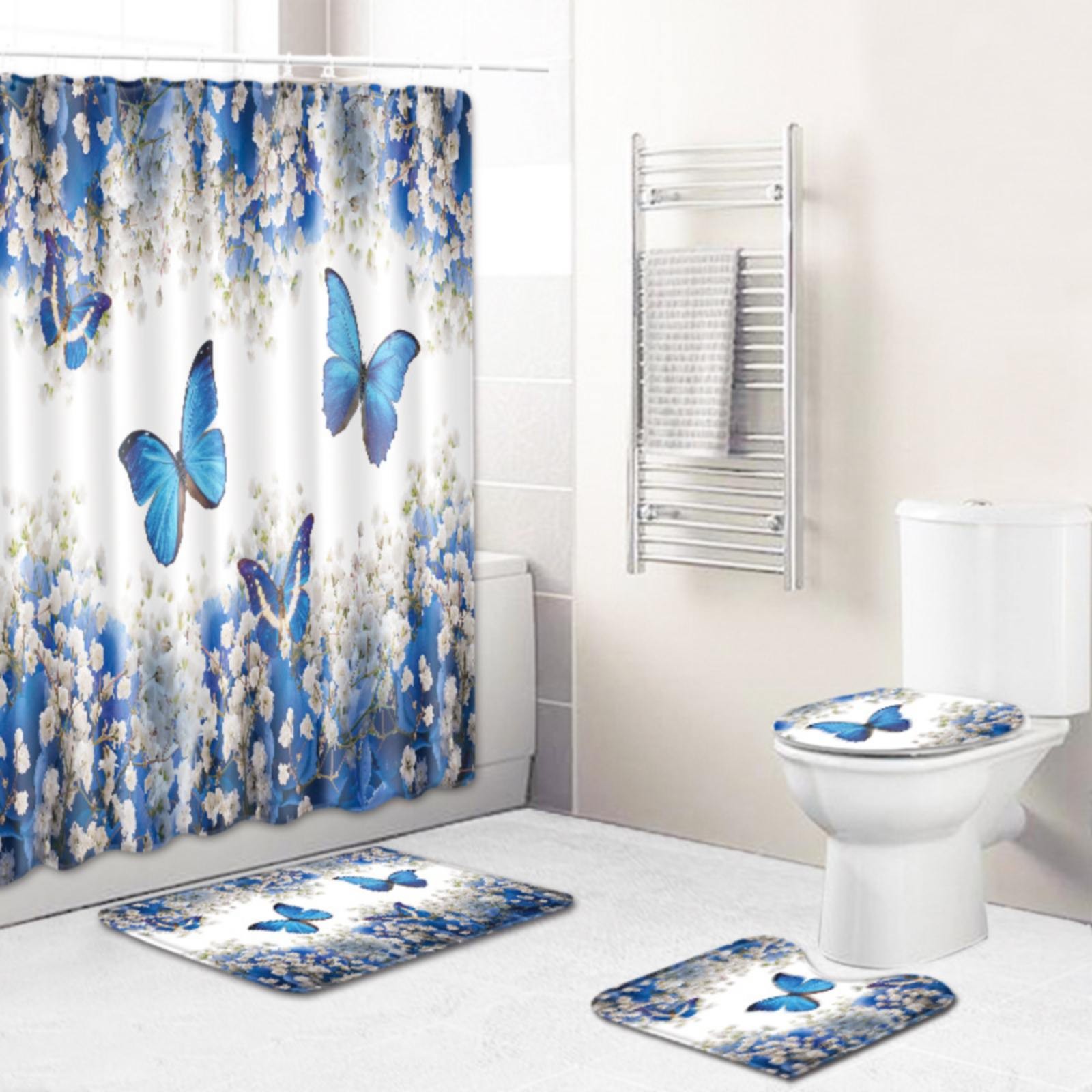 Bath Mat Bathroom Rug,4 Piece Set Home Shower Bathroom 3D Digital Printing Curtain Carpet Floor Mat Combination Bathroom Toilet Mat 180x180cm,Blue